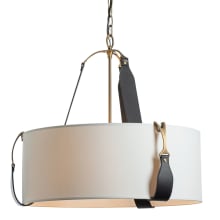 Saratoga 3 Light 26" Wide Pendant - Antique Brass Finish with Black Leather Accents and Natural Anna Shade