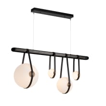 Derby 4 Light 52" Wide LED Linear Chandelier - Antique Brass and Black Wood Accents, Black Leather Straps, and Frosted Glass Shades