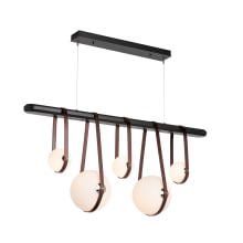 Derby 5 Light 52" Wide LED Linear Chandelier - Polished Nickel and Black Wood Accents, British Brown Leather Straps, and Frosted Glass Shades