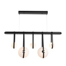 Derby 5 Light 52" Wide LED Linear Chandelier - Polished Nickel and Black Wood Accents, Black Leather Straps, and Frosted Glass Shades