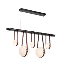 Derby 5 Light 52" Wide LED Linear Chandelier - Antique Brass and Black Wood Accents, British Brown Leather Straps, and Frosted Glass Shades