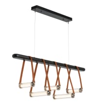 York 5 Light 52" Wide LED Linear Chandelier - Polished Nickel Finish with Black Wood Accents, Chestnut Leather Straps, and Ribbed Glass Shades