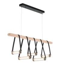 York 5 Light 52" Wide LED Linear Chandelier - Polished Nickel Finish with Maple Wood Accents, Black Leather Straps, and Ribbed Glass Shades