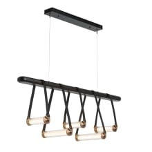 York 5 Light 52" Wide LED Linear Chandelier - Antique Brass Finish with Black Wood Accents, Black Leather Straps, and Ribbed Glass Shades