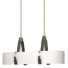 Saratoga 4 Light 46" Wide Linear Chandelier - Antique Brass Finish with Black Leather Accents and Natural Anna Shade