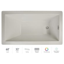 Elara Low Profile 60" x 32" Acrylic Soaking Bathtub for Drop-In Installations with Reversible Drain and Chromatherapy Lighting