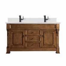 Brookfield 60" Double Basin Wood Vanity Set with 3cm White Zeus Silestone Quartz Vanity Top, Backsplash and Rectangular Sinks