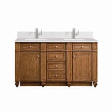 Bristol 60" Double Basin Walnut Wood Vanity Set with 3cm White Zeus Silestone Quartz Vanity Top, Backsplash and Rectangular Sinks