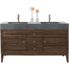 Linear 59" Double Basin Mahogany Wood Vanity Set with Stone Composite Top with USB/Electrical Outlets