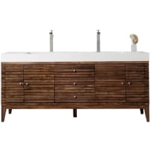Linear 72" Double Basin Wood Vanity Set with USB/Electrical Outlet and Glossy White Solid Surface Vanity Top