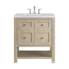 Breckenridge 30" Single Basin Wood Vanity Set with 3cm Carrara White Marble Vanity Top, Rectangular Sink and Electrical Outlet - 8" Faucet Centers