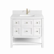 Breckenridge 36" Single Basin Wood Vanity Set with 3cm White Zeus Silestone Quartz Vanity Top, Backsplash, Rectangular Sink, USB Port and Outlet