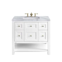 Breckenridge 36" Single Basin Wood Vanity Set with 3cm Carrara White Marble Vanity Top, Rectangular Sink and Electrical Outlet - 8" Faucet Centers