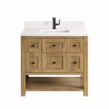 Breckenridge 36" Single Basin Wood Vanity Set with 3cm White Zeus Silestone Quartz Vanity Top, Backsplash, Rectangular Sink, USB Port and Outlet