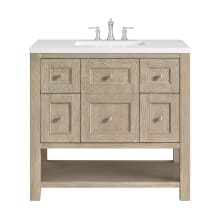 Breckenridge 36" Single Basin Wood Vanity Set with 3cm White Zeus Silestone Quartz Vanity Top, Rectangular Sink and Outlet - 8" Faucet Centers