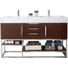 Columbia 59" Double Basin Wood Vanity Set with USB/Electrical Outlet and Glossy White Solid Surface Vanity Top