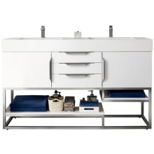 Columbia 59" Double Basin Wood Vanity Set with USB/Electrical Outlet and Glossy White Solid Surface Vanity Top
