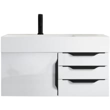 Mercer Island 36" Wall Mounted Single Basin Birch Vanity Set with 5-1/8" Glossy White Stone Composite Vanity Top, Rectangular Sink, USB Port and Electrical Outlet
