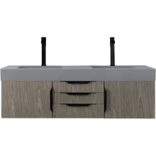 Mercer Island 59" Wall Mounted Double Basin Birch Vanity Set with 3-15/16" Dusk Grey Glossy Stone Composite Vanity Top, Rectangular Sinks, USB Port and Electrical Outlet