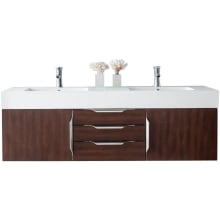 Mercer Island 59" Wall Mounted Double Basin Wood Vanity Set with USB/Electrical Outlet and Glossy White Solid Surface Vanity Top
