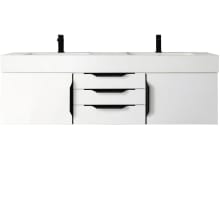 Mercer Island 59" Wall Mounted Double Basin Birch Vanity Set with 3-15/16" Glossy White Stone Composite Vanity Top, Rectangular Sinks, USB Port and Electrical Outlet