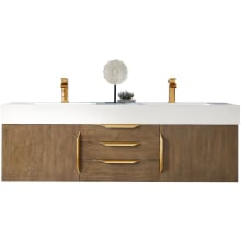 Mercer Island 59" Wall Mounted Double Basin Birch Wood Vanity Set with USB/Electrical Outlet and Glossy White Solid Surface Vanity Top