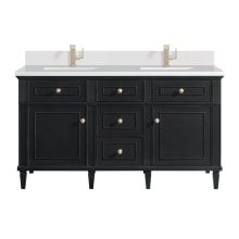 Lorelai 60" Double Basin Wood Vanity Set with 3cm White Zeus Silestone Quartz Vanity Top, Rectangular Sinks and Electrical Outlet - Single Faucet Hole