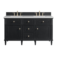 Lorelai 60" Double Basin Wood Vanity Set with 3cm Arctic Fall Solid Surface Vanity Top, Rectangular Sinks and Electrical Outlet - 8" Faucet Centers