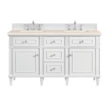 Lorelai 60" Double Basin Wood Vanity Set with 3cm Eternal Marfil Silestone Quartz Vanity Top, Rectangular Sinks and Outlet - 8" Faucet Centers