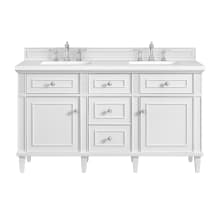 Lorelai 60" Double Basin Wood Vanity Set with 3cm White Zeus Silestone Quartz Vanity Top, Rectangular Sinks and Electrical Outlet - 8" Faucet Centers