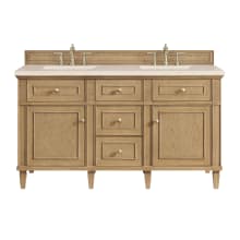 Lorelai 60" Double Basin Wood Vanity Set with 3cm Eternal Marfil Silestone Quartz Vanity Top, Rectangular Sinks and Outlet - 8" Faucet Centers