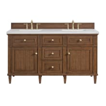 Lorelai 60" Double Basin Wood Vanity Set with 3cm Arctic Fall Solid Surface Vanity Top, Rectangular Sinks and Electrical Outlet - 8" Faucet Centers