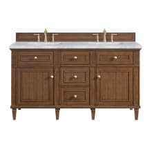 Lorelai 60" Double Basin Wood Vanity Set with 3cm Carrara White Marble Vanity Top, Rectangular Sinks and Electrical Outlet - 8" Faucet Centers