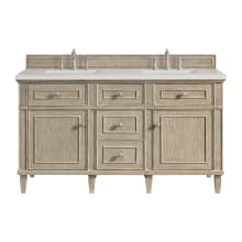 Lorelai 60" Double Basin Wood Vanity Set with 3cm Lime Delight Silestone Quartz Vanity Top, Rectangular Sinks and Outlet - 8" Faucet Centers