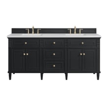Lorelai 72" Double Basin Wood Vanity Set with 3cm Arctic Fall Solid Surface Vanity Top, Rectangular Sinks and Electrical Outlet - 8" Faucet Centers
