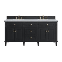 Lorelai 72" Double Basin Wood Vanity Set with 3cm Carrara White Marble Vanity Top, Rectangular Sinks and Electrical Outlet - 8" Faucet Centers