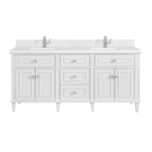 Lorelai 72" Double Basin Wood Vanity Set with 3cm White Zeus Silestone Quartz Vanity Top, Rectangular Sinks and Electrical Outlet - Single Faucet Hole