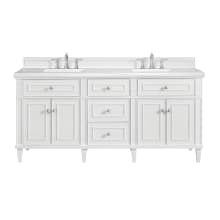 Lorelai 72" Double Basin Wood Vanity Set with 3cm Arctic Fall Solid Surface Vanity Top, Rectangular Sinks and Electrical Outlet - 8" Faucet Centers