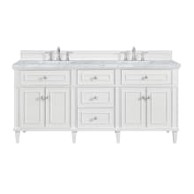 Lorelai 72" Double Basin Wood Vanity Set with 3cm Carrara White Marble Vanity Top, Rectangular Sinks and Electrical Outlet - 8" Faucet Centers