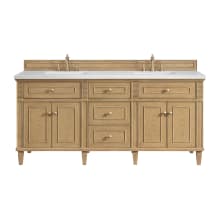 Lorelai 72" Double Basin Wood Vanity Set with 3cm Arctic Fall Solid Surface Vanity Top, Rectangular Sinks and Electrical Outlet - 8" Faucet Centers