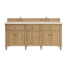 Lorelai 72" Double Basin Wood Vanity Set with 3cm Eternal Marfil Silestone Quartz Vanity Top, Rectangular Sinks and Outlet - 8" Faucet Centers