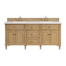 Lorelai 72" Double Basin Wood Vanity Set with 3cm White Zeus Silestone Quartz Vanity Top, Rectangular Sinks and Electrical Outlet - 8" Faucet Centers