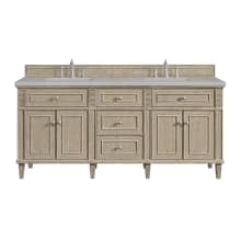 Lorelai 72" Double Basin Wood Vanity Set with 3cm Eternal Serena Silestone Quartz Vanity Top, Rectangular Sinks and Outlet - 8" Faucet Centers