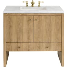 Hudson 36" Single Basin Ash Wood Vanity Set with 3 cm Arctic Fall Solid Surface Vanity Top, Rectangular Sink, USB Port and Electrical Outlet