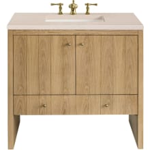 Hudson 36" Single Basin Ash Wood Vanity Set with 3 cm Eternal Marfil Quartz Vanity Top, Rectangular Sink, USB Port and Electrical Outlet