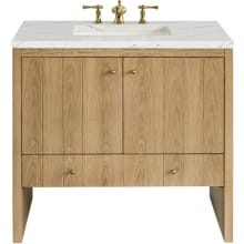 Hudson 36" Single Basin Ash Wood Vanity Set with 3 cm Ethereal Noctis Quartz Vanity Top, Rectangular Sink, USB Port and Electrical Outlet