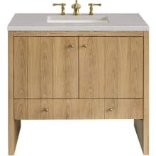 Hudson 36" Single Basin Ash Wood Vanity Set with 3 cm Eternal Serena Quartz Vanity Top, Rectangular Sink, USB Port and Electrical Outlet