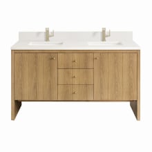 Hudson 60" Double Basin Wood Vanity Set with 3cm White Zeus Silestone Quartz Vanity Top, Backsplash, Rectangular Sinks, USB Port and Outlet