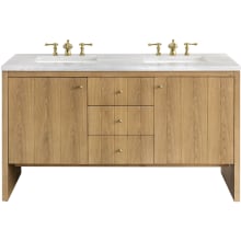 Hudson 60" Double Basin Ash Wood Vanity Set with 3 cm Arctic Fall Solid Surface Vanity Top, Rectangular Sinks, USB Port and Electrical Outlet
