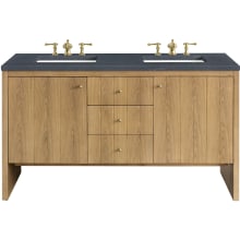Hudson 60" Double Basin Ash Wood Vanity Set with 3 cm Charcoal Soapstone Quartz Vanity Top, Rectangular Sinks, USB Port and Electrical Outlet